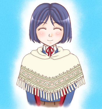 tmsetuna, isara gunther, senjou no valkyria (series), senjou no valkyria 1, lowres, 00s, blue hair, blush, closed eyes, darcsen, happy, shawl, short hair