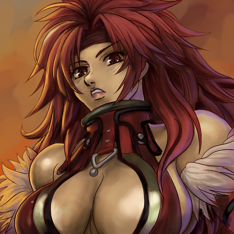 hamoto, risty (queen's blade), wilderness bandit risty, queen's blade, bad id, bad pixiv id, 00s, 1girl, amazon warrior, armor, bare shoulders, breasts, center opening, cleavage, corset styled armor, female focus, halterneck, headband, huge breasts, leather, leather armor, long hair, red eyes, red hair, solo