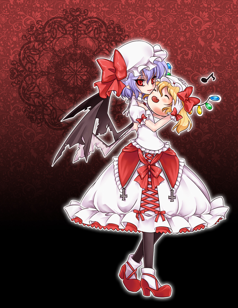 kyouhei, flandre scarlet, remilia scarlet, touhou, duplicate, 1girl, :d, bat wings, blonde hair, blue hair, female focus, hat, musical note, open mouth, ponytail, red eyes, short hair, side ponytail, smile, solo, torn wings, wings, yukkuri shiteitte ne