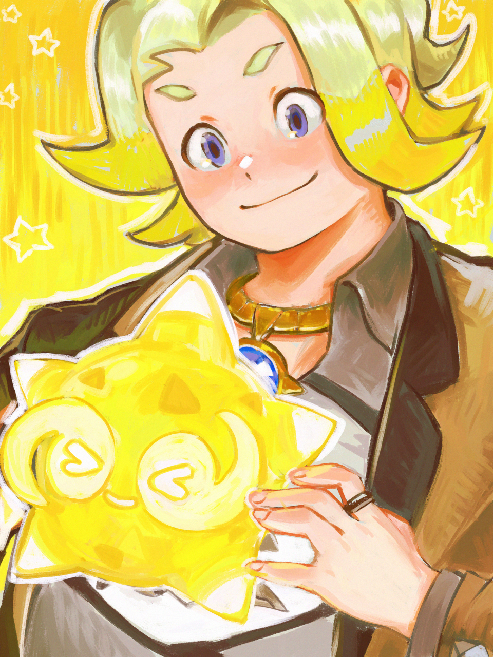 go-lurk, gordie (pokemon), minior, minior (core), minior (yellow core), nintendo, pokemon, pokemon swsh, commentary, commission, highres, 1boy, blonde hair, blue eyes, brown jacket, closed mouth, collared shirt, gen 7 pokemon, hand up, jacket, jewelry, long sleeves, looking down, male focus, necklace, open clothes, open jacket, pokemon (creature), ring, shirt, short hair, smile, star (symbol)