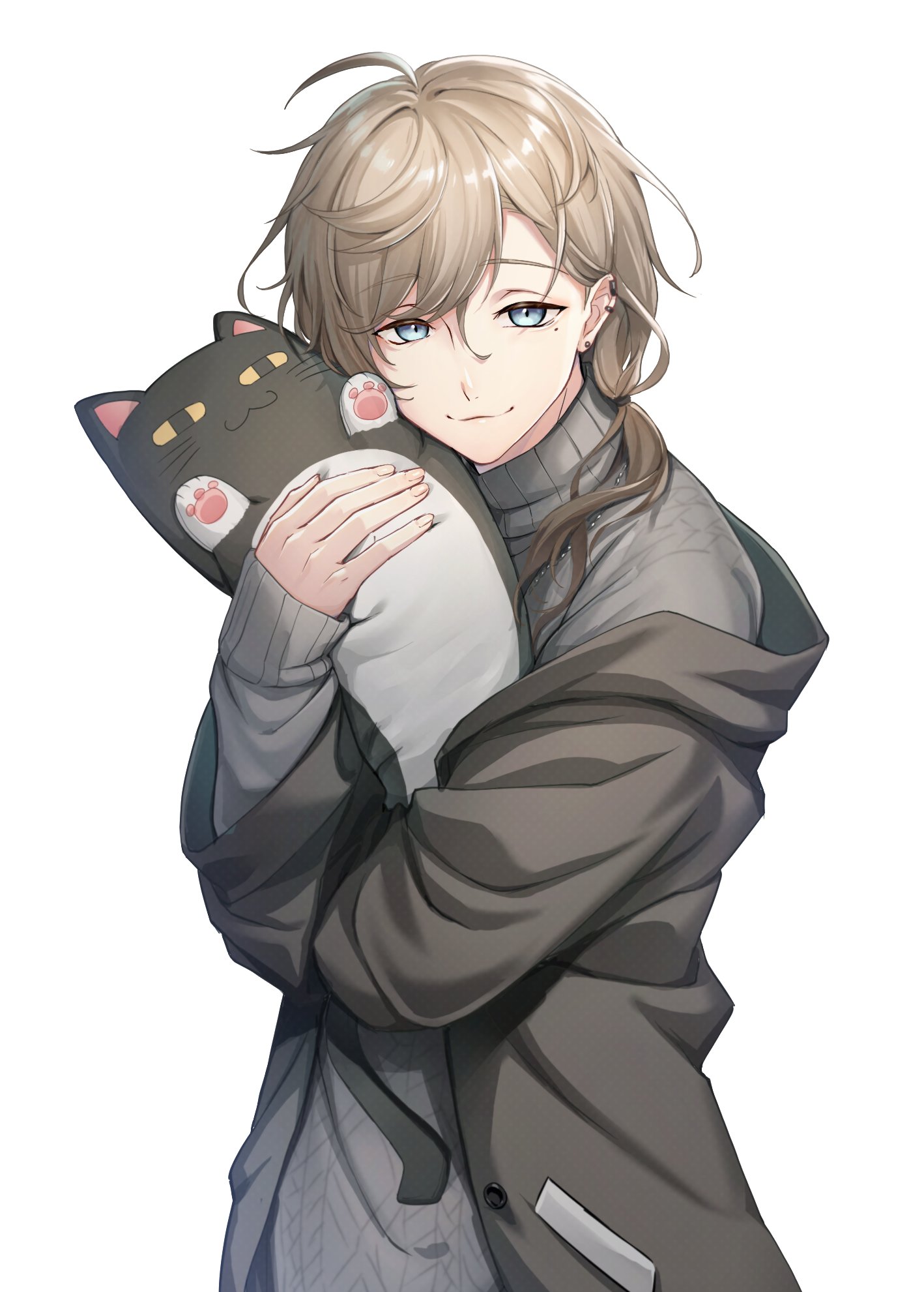 manmaru tamago, kanae (8th costume) (nijisanji), kanae (nijisanji), roto (kanae), nijisanji, hashtag-only commentary, highres, 1boy, ahoge, black jacket, blue eyes, brown hair, closed mouth, grey sweater, hair between eyes, holding, holding stuffed toy, jacket, long hair, looking at viewer, male focus, mole, mole under eye, open clothes, open jacket, ponytail, simple background, smile, solo, stuffed animal, stuffed cat, stuffed toy, sweater, turtleneck, upper body, virtual youtuber, white background