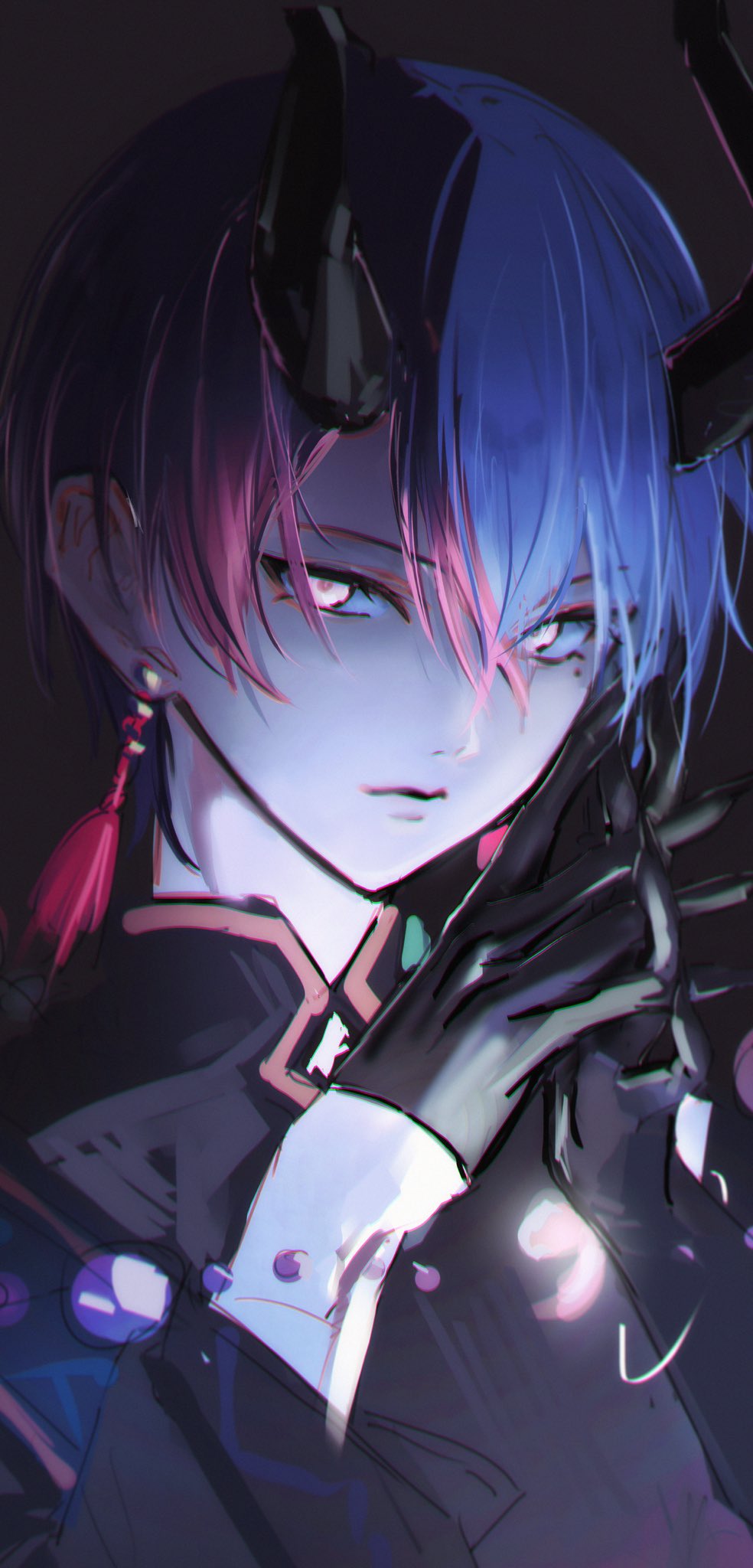 amin (aminblue), aoyagi touya, project sekai, highres, 1boy, black background, black gloves, blue hair, clothing cutout, dark background, earrings, fingernails, gloves, grey eyes, horns, jewelry, long fingernails, long sleeves, looking at viewer, male focus, mandarin collar, mole, mole under eye, multicolored hair, own hands together, shinnen kotohogu inori no mai (project sekai), simple background, solo, tassel, tassel earrings