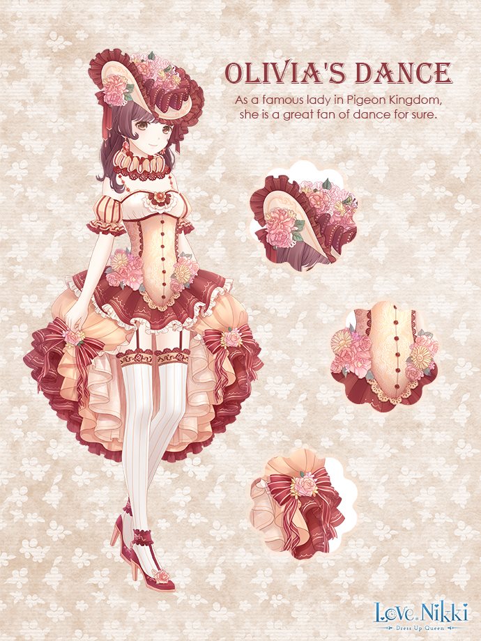 olivia's dance (miracle nikki), miracle nikki, nikki (series), artist request, official art, third-party source, 1girl, asymmetrical dress, bare arms, bare shoulders, beads, blunt bangs, bow, brown background, brown eyes, brown hair, buttons, character name, close-up, closed mouth, copyright logo, detached sleeves, dot nose, dress, dress bow, dress flower, english text, eyelashes, floral background, flower, footwear flower, frilled anklet, frilled dress, frilled headwear, frilled sleeves, frills, full body, hair flower, hair ornament, happy, hat, hat flower, high heels, lace, lace-trimmed thighhighs, lace trim, light blush, logo, long hair, looking at viewer, low twintails, medium dress, medium hair, pink flower, pink rose, puffy short sleeves, puffy sleeves, red bow, red shoes, ribbed thighhighs, rose, shoes, short sleeves, sleeveless, sleeveless dress, smile, solo, standing, striped bow, striped clothes, striped thighhighs, tareme, thighhighs, twintails, vertical-striped clothes, vertical-striped sleeves, vertical-striped thighhighs, wavy hair, white hat, white thighhighs, yellow dress, yellow sleeves