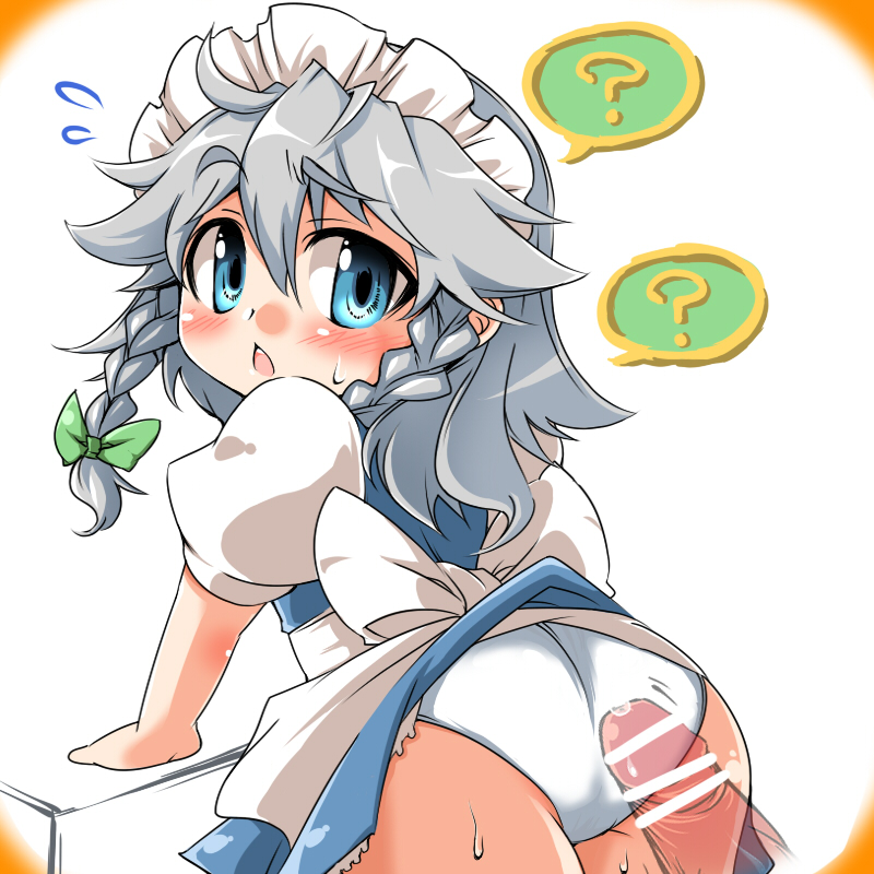 tajima yuuki, izayoi sakuya, touhou, silver hair, 1boy, 1girl, aged down, ass, blue eyes, blush, braid, censored, hetero, loli, panties, penis, short hair, solo, solo focus, twin braids, underwear