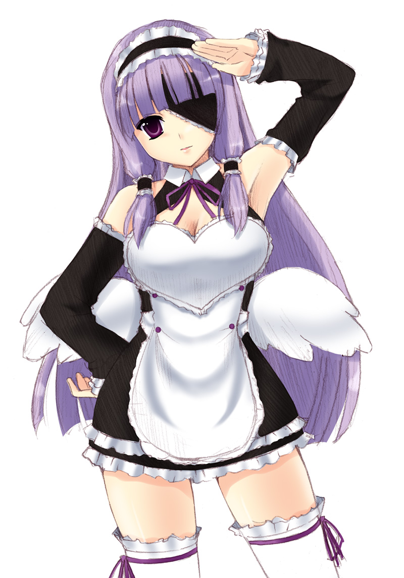 iga tamaki, mari (dream c club), dream c club, dream c club (series), 1girl, apron, armpits, bare shoulders, eyepatch, female focus, long hair, purple eyes, purple hair, salute, solo, thighhighs, wings, zettai ryouiki