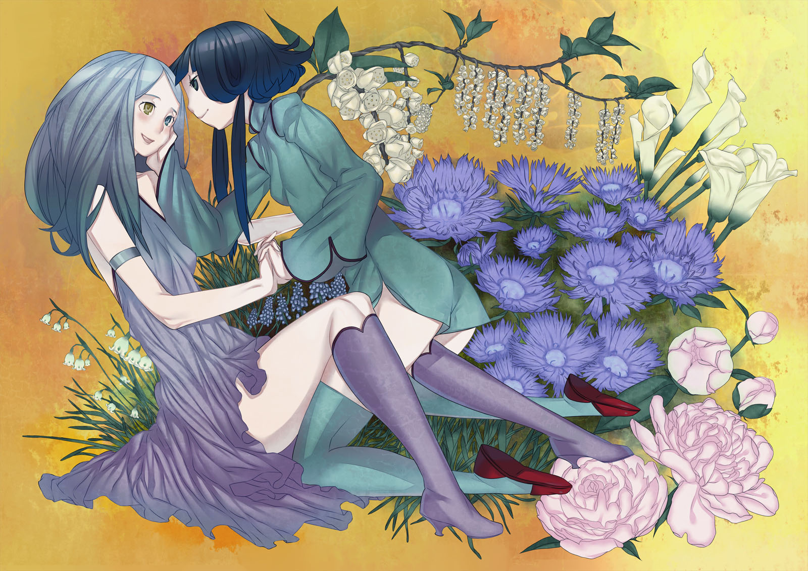 harmaline, original, bad id, bad pixiv id, highres, 2girls, bare shoulders, black hair, blue eyes, blue hair, blush, boots, dress, eye contact, flower, hand on another's face, happy, heterochromia, holding hands, interlocked fingers, long hair, looking at another, multiple girls, sitting, smile, snowbell (flower), thigh boots, thighhighs, yellow eyes, yuri