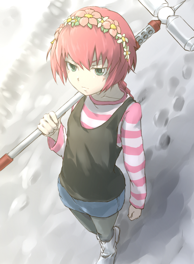 nama (namaiki), graf eisen, suou pavlichenko, uiharu kazari, vita (nanoha), darker than black, lyrical nanoha, mahou shoujo lyrical nanoha, mahou shoujo lyrical nanoha a's, mahou shoujo lyrical nanoha strikers, toaru kagaku no railgun, toaru majutsu no index, 00s, 1girl, braid, crossover, female focus, flower, from above, green eyes, hair ornament, hammer, head wreath, pantyhose, polearm, red hair, shirt, solo, striped clothes, striped shirt, tank top, weapon