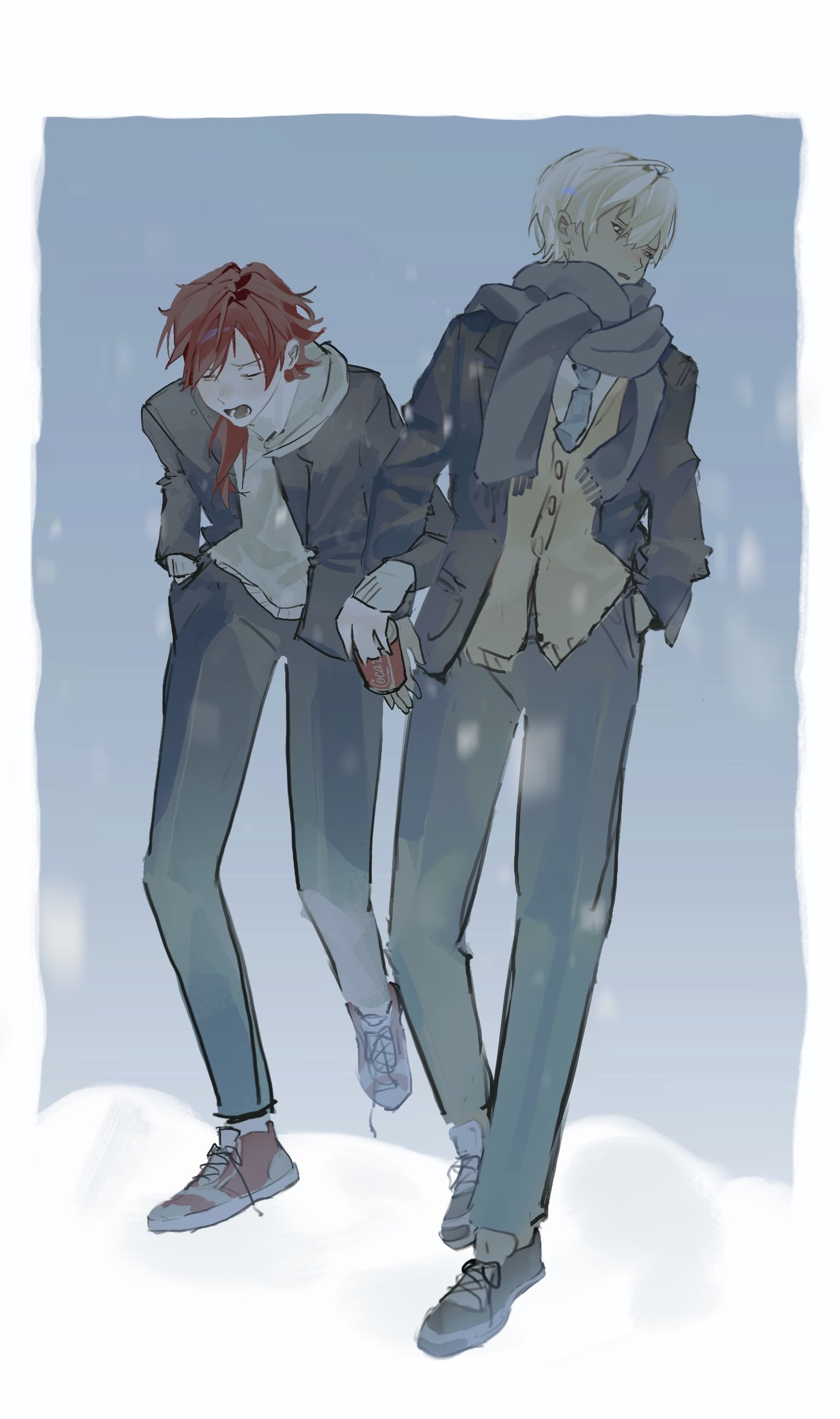 ibrahim (nijisanji), lauren iroas, nijisanji, absurdres, highres, 2boys, blue necktie, border, brown sweater vest, can, closed eyes, esu 1, full body, grey jacket, grey pants, grey scarf, hair between eyes, hand in pocket, holding, holding can, jacket, looking to the side, male focus, multiple boys, necktie, open mouth, pants, ponytail, red hair, scarf, side ponytail, snow, standing, standing on one leg, sweater vest, virtual youtuber, white border, white hair