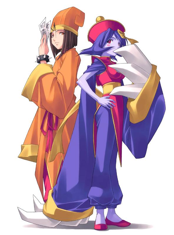 hsien-ko, mei-ling (darkstalkers), capcom, darkstalkers, 2girls, back-to-back, blush stickers, bob cut, bracelet, brown hair, chinese clothes, claws, colored skin, covering own mouth, extra arms, flipped hair, hand on own hip, hand over mouth, hand over own mouth, hat, hip focus, impossible clothes, jewelry, lin lin, looking back, multiple girls, ofuda, orange eyes, purple hair, purple skin, red eyes, robe, sash, shoes, short hair, siblings, sisters, spiked bracelet, spikes, standing, turtleneck