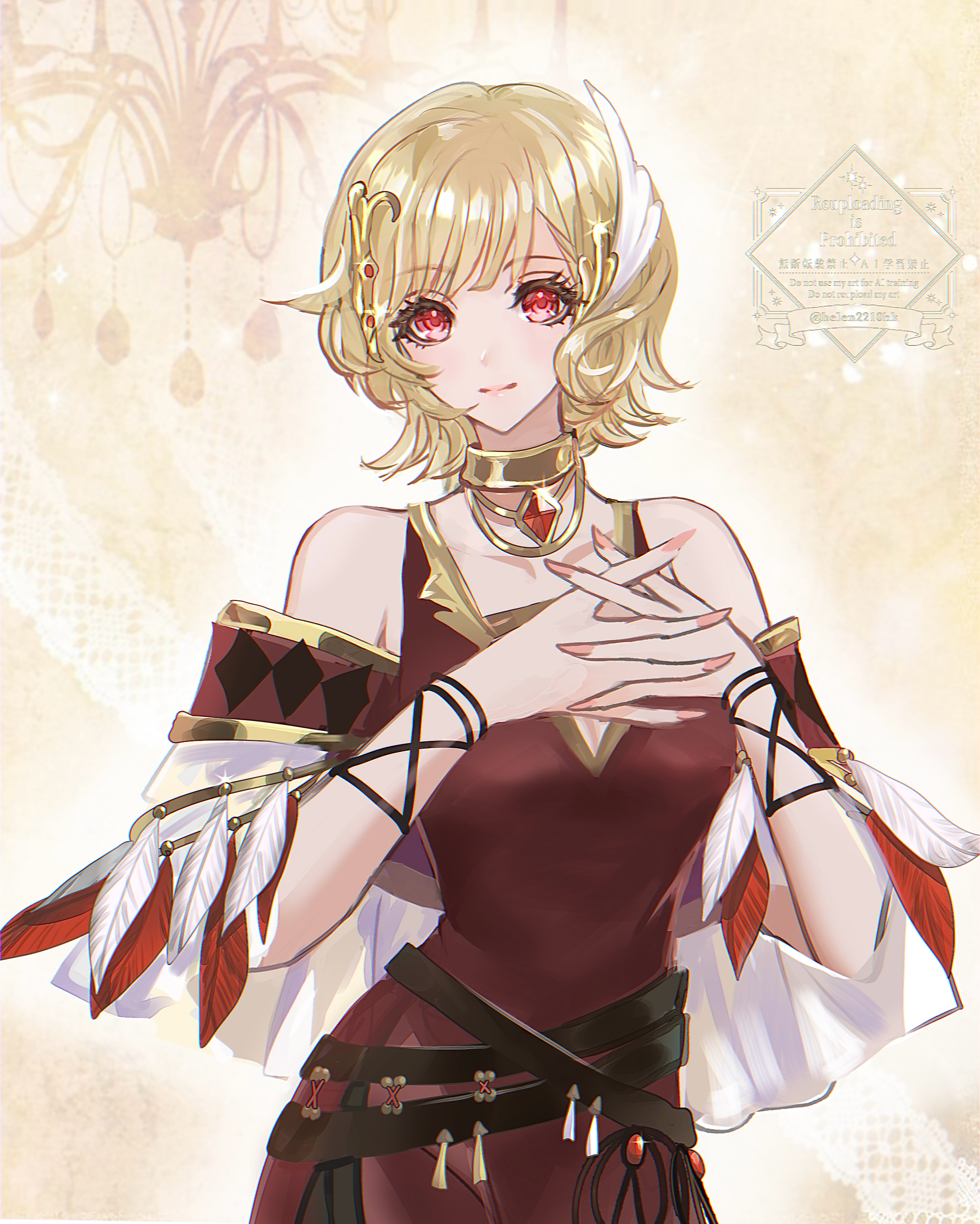 helen (helen2210hk), citrinne (fire emblem), fire emblem, fire emblem engage, nintendo, absurdres, commentary, highres, 1girl, bare shoulders, blonde hair, breasts, brown dress, cleavage, closed mouth, dress, feather hair ornament, feathers, gold choker, hair ornament, jewelry, light blush, looking at viewer, medium breasts, necklace, red eyes, short hair, smile, solo, twitter username, upper body, watermark, yellow background