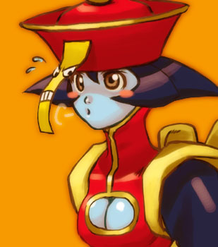 hsien-ko, mei-ling (darkstalkers), capcom, darkstalkers, lowres, 1girl, blue skin, breasts, brown eyes, cleavage, cleavage cutout, clothing cutout, colored skin, female focus, flipped hair, hat, jiangshi, large breasts, orange background, qingdai guanmao, simple background