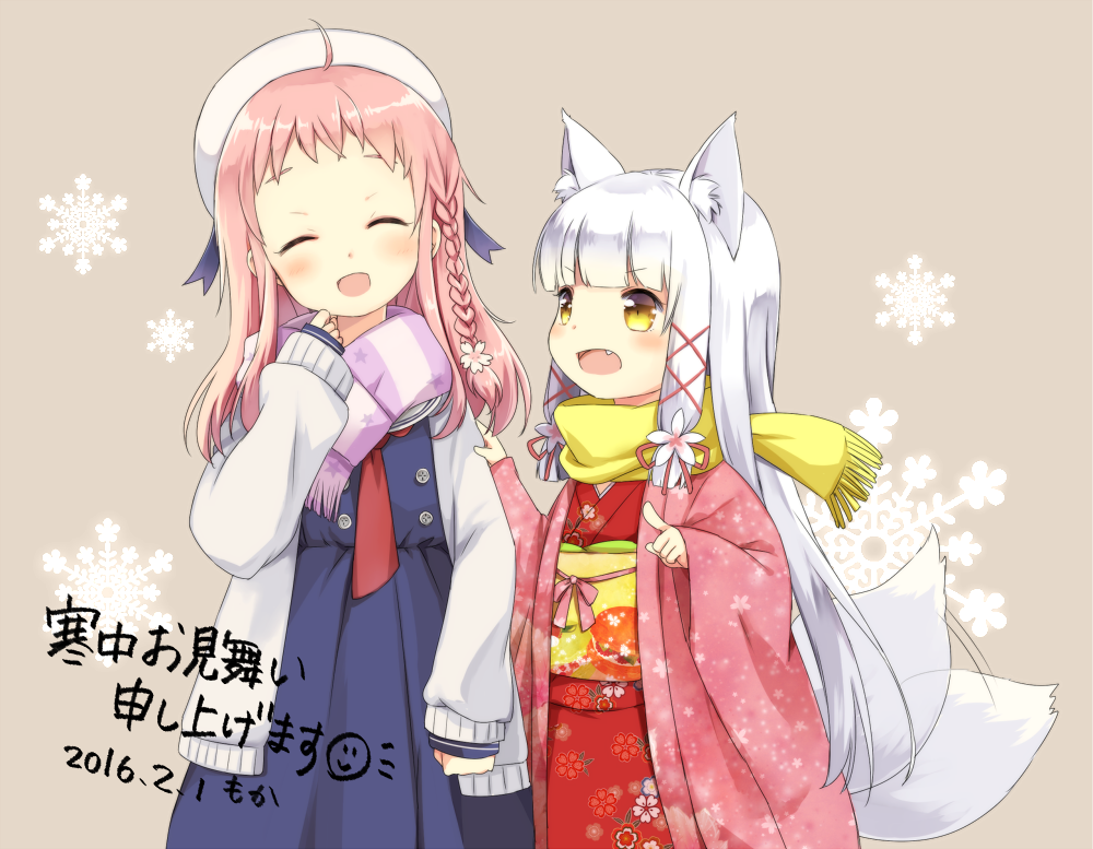 motohara moka, original, commentary request, translation request, 2girls, ahoge, animal ear fluff, animal ears, blue dress, blunt bangs, blunt tresses, braid, brown background, closed eyes, cowboy shot, dated, dress, fang, floral print, floral print kimono, flower, fox ears, fox girl, fox tail, hair flower, hair ornament, hair ribbon, hat, jacket, japanese clothes, kimono, long hair, long sleeves, multiple girls, obi, open clothes, open jacket, open mouth, pink hair, pointing, print kimono, purple scarf, red kimono, ribbon, sash, scarf, sidelocks, simple background, single braid, sleeves past wrists, snowflakes, striped clothes, striped scarf, tail, tail wagging, tress ribbon, white flower, white hair, white hat, white jacket, wide sleeves, yellow eyes, yellow scarf