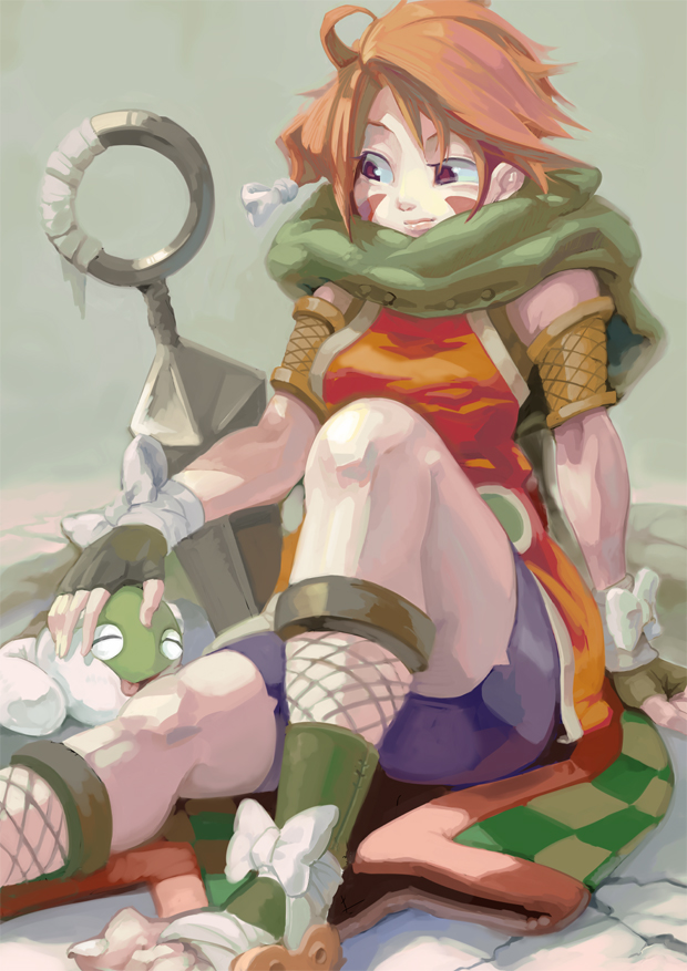 katsuma (perestronica), tokoya, original, bad id, bad pixiv id, 1girl, ahoge, bike shorts, bow, brown hair, female focus, fingerless gloves, fishnets, gloves, headpat, kunai, legs, lips, sandals, solo, weapon