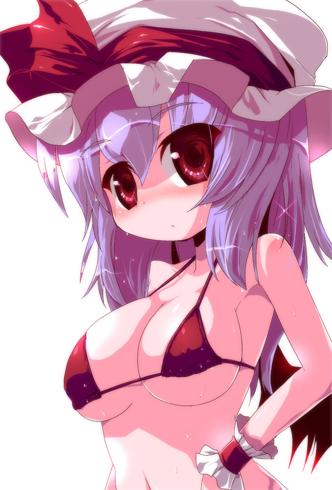 miuku (marine sapphire), remilia scarlet, touhou, 1girl, bikini, bikini top only, blue hair, breasts, cleavage, female focus, hat, large breasts, red bikini, red eyes, solo, swimsuit, wet