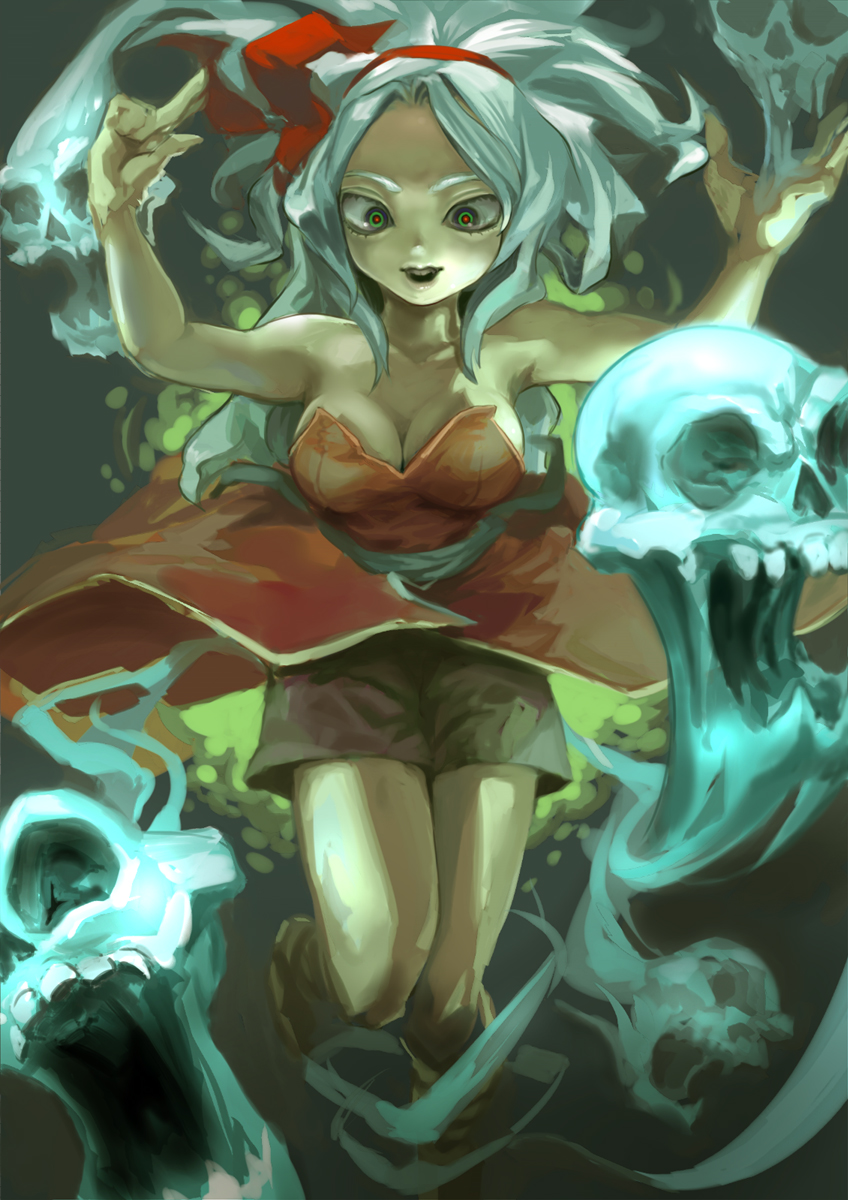 katsuma (perestronica), tokoya, rocbouquet, rocbouquet (saga), romancing saga, romancing saga 2, saga, bad id, bad pixiv id, highres, 1girl, bare shoulders, bow, breasts, cleavage, female focus, green eyes, lips, shorts, skull, solo, white hair