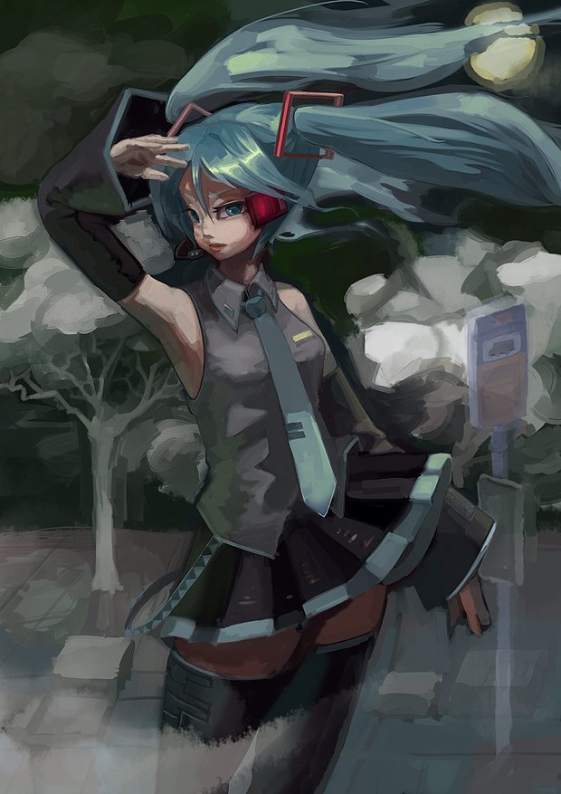 katsuma (perestronica), tokoya, hatsune miku, vocaloid, bad id, bad pixiv id, 1girl, aqua hair, detached sleeves, female focus, lips, necktie, skirt, solo, thighhighs, twintails, zettai ryouiki