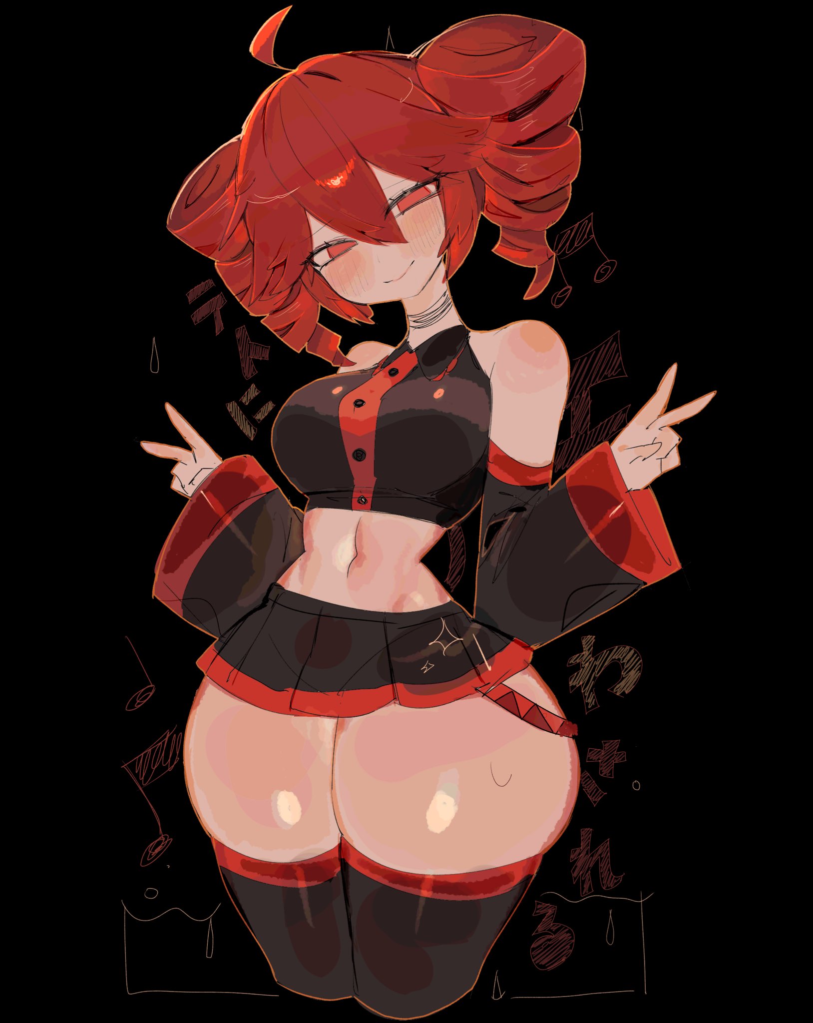 usa37107692, kasane teto, kasane teto (utau), utau, highres, 1girl, ahoge, bare shoulders, black shirt, black sleeves, collared shirt, detached sleeves, drill hair, hair between eyes, long hair, long sleeves, looking at viewer, red eyes, red hair, red trim, shirt, simple background, skirt, sleeveless, sleeveless shirt, smile, solo, thick thighs, thighhighs, thighs, twin drills