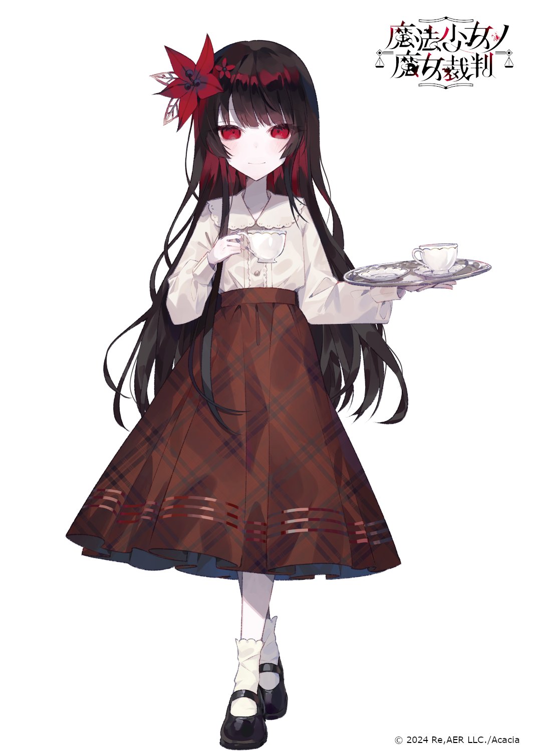 nikaido hiro, mahou shoujo no majo saiban, commentary request, highres, official art, second-party source, 1girl, black hair, black shoes, blunt bangs, brown skirt, closed mouth, collared shirt, copyright logo, copyright notice, crossed ankles, cup, flower, full body, hair flower, hair ornament, holding, holding cup, holding tray, logo, long hair, long sleeves, looking at viewer, red eyes, red flower, saucer, shirt, shoes, simple background, skirt, smile, socks, solo, standing, sugawara omu, tachi-e, tray, white background, white shirt, white socks