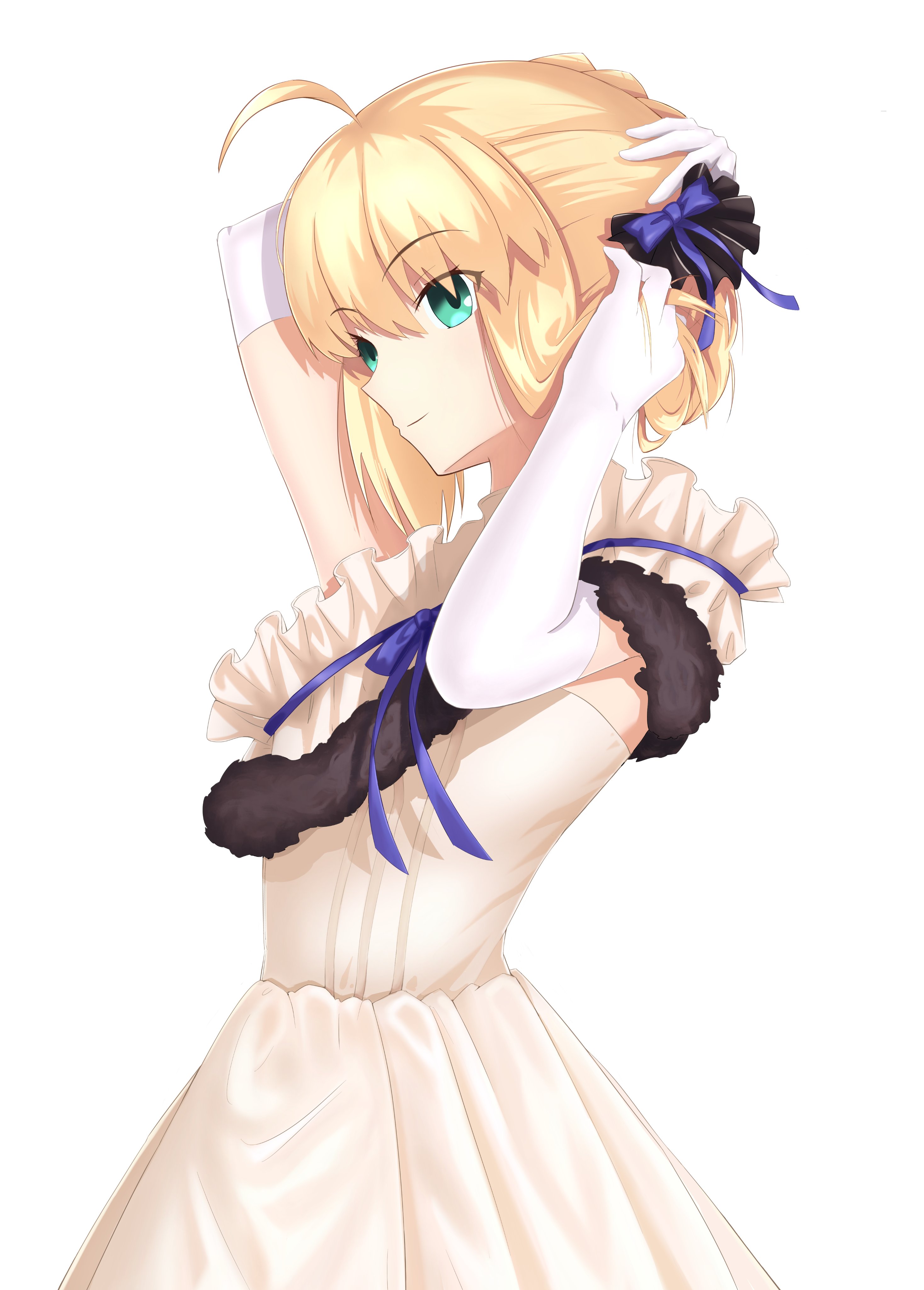 andychen662000, artoria pendragon (fate), saber (fate), fate/stay night, fate (series), absurdres, highres, 1girl, adjusting hair, ahoge, alternate costume, blonde hair, bow, braid, bun with braided base, dress, elbow gloves, gloves, green eyes, hair bow, hair bun, sidelocks, simple background, solo, white background, white dress, white gloves