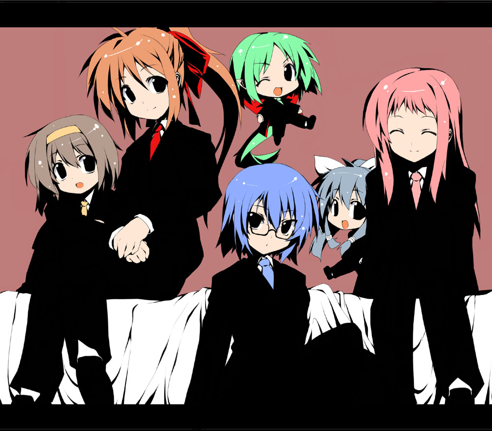 take shinobu, takesinobu, iinchou (trouble spirit), kori (trouble spirit), sawatari miko, sawatari riko, tiko (trouble spirit), yokomiya satsuki, original, trouble spirit, bad id, bad pixiv id, 6+girls, business suit, closed eyes, formal clothes, glasses, hairband, multiple girls, necktie, one eye closed, pant suit, pants, ribbon, simple background, suit, wink