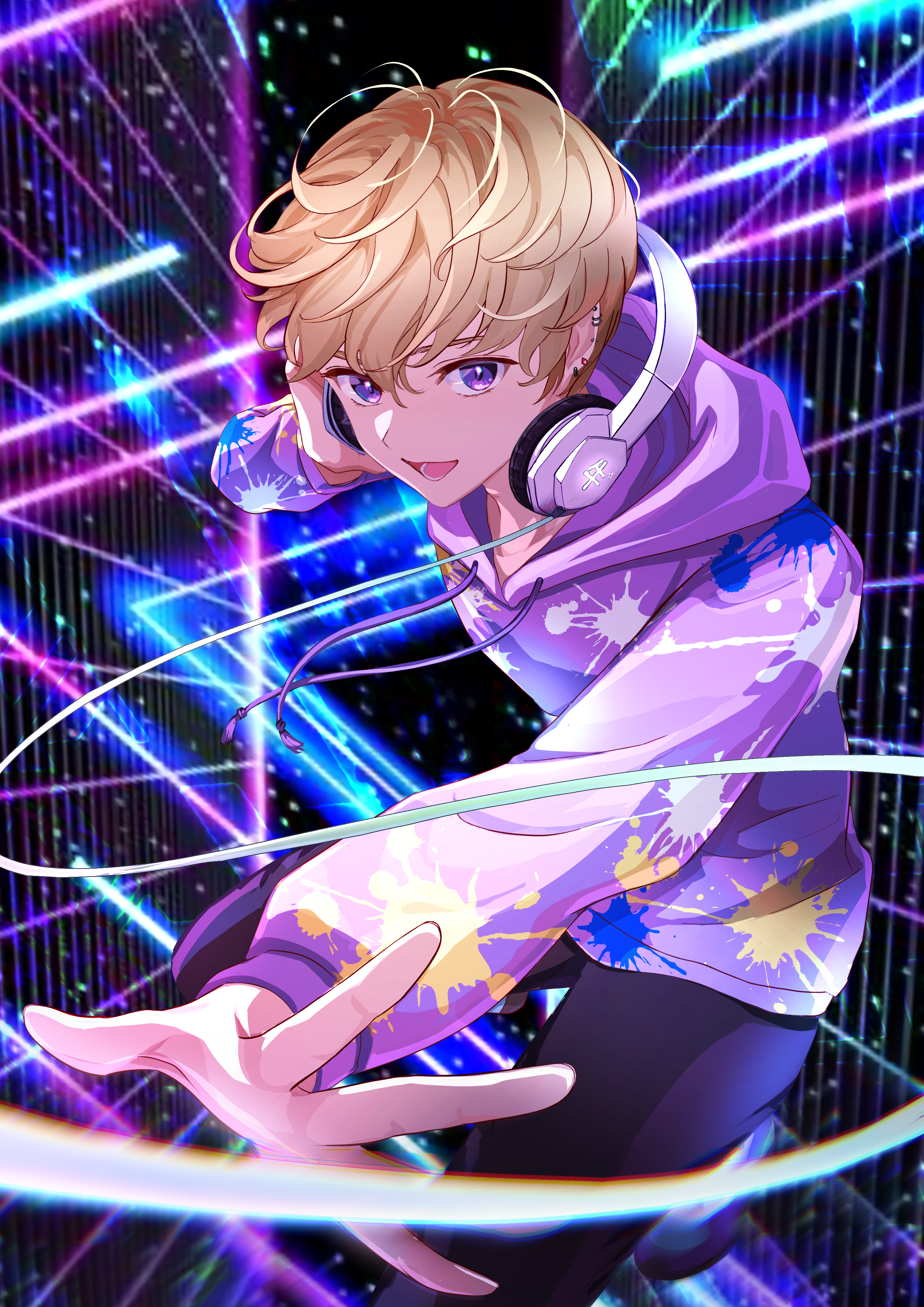 nap on a cloud, indie virtual youtuber, absurdres, character request, check copyright, commentary request, copyright request, highres, 1boy, :d, black pants, blonde hair, cable, drawstring, ear piercing, earrings, full body, hair between eyes, hand on headphones, headphones, hood, hood down, hoodie, jewelry, long sleeves, looking at viewer, male focus, open mouth, outstretched arm, pants, piercing, print hoodie, purple eyes, purple hoodie, reaching, reaching towards viewer, shoes, short hair, smile, solo, splatter print, synthwave, virtual youtuber