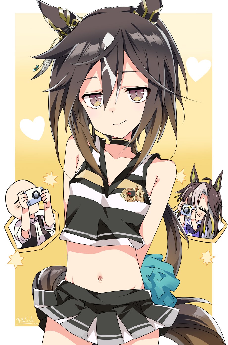 kugimiya atsuki, dream journey (umamusume), stay gold (umamusume), trainer (umamusume), umamusume, highres, 1boy, 2girls, animal ears, bare shoulders, black choker, black skirt, black vest, bow, bowtie, brown eyes, brown hair, camera, cheerleader, choker, closed mouth, collarbone, colored inner animal ears, cowboy shot, crop top, ear ornament, feathers, gradient hair, hair between eyes, heart, holding, holding camera, holding pom poms, horse ears, horse girl, horse tail, long hair, looking at viewer, miniskirt, multicolored hair, multiple girls, navel, pom pom (cheerleading), pom poms, puffy short sleeves, puffy sleeves, purple bow, purple bowtie, school uniform, shirt, short sleeves, skirt, smile, streaked hair, tail, taking picture, tracen school uniform, vest, white hair, white shirt, yellow background, yellow eyes