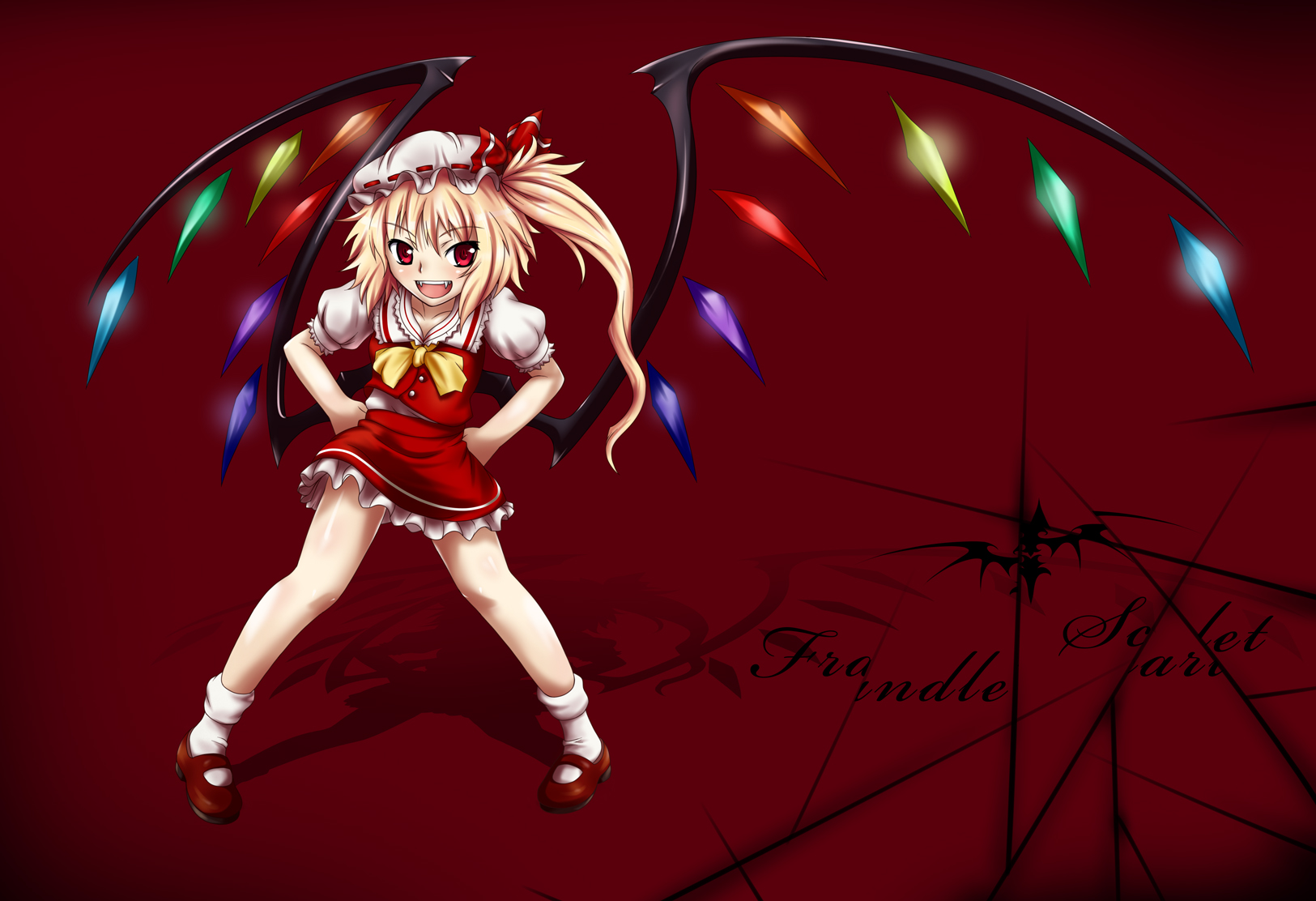 nishiumi yuuta, flandre scarlet, embodiment of scarlet devil, touhou, highres, 1girl, blonde hair, english text, engrish text, female focus, hands on own hips, hat, mob cap, ranguage, red eyes, red shoes, shoes, short hair, side ponytail, solo, white hat