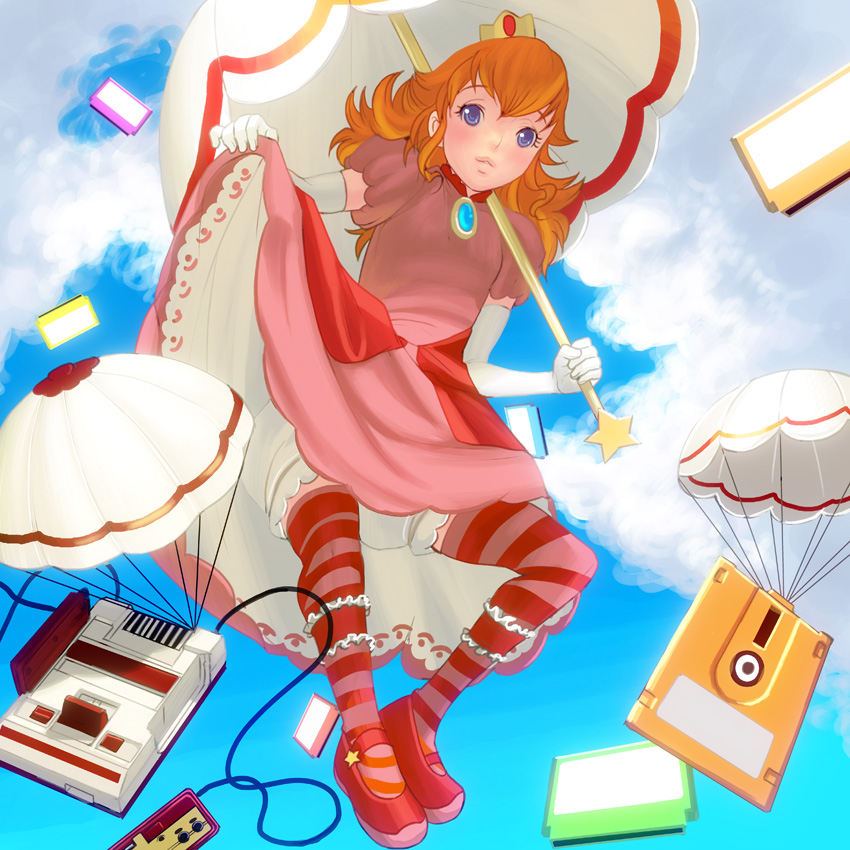 kouno (masao), princess peach, mario (series), nintendo, bad id, bad pixiv id, 1girl, bloomers, controller, crown, dress, elbow gloves, famicom, female focus, floppy disk, full body, game console, game controller, gamepad, gloves, mary janes, orange hair, parachute, pink dress, pink thighhighs, red thighhighs, shoes, solo, striped clothes, striped thighhighs, thighhighs, umbrella, umbrella riding, underwear, upskirt