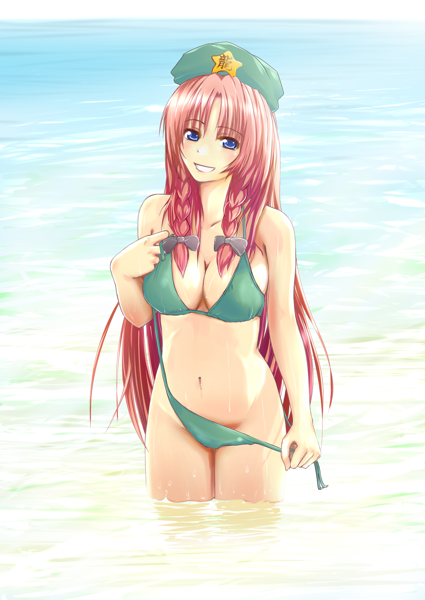 natsume riu, hong meiling, embodiment of scarlet devil, touhou, highres, 1girl, beret, bikini, blue eyes, braid, breasts, female focus, hat, long hair, outdoors, red hair, side-tie bikini bottom, smile, solo, swimsuit, twin braids, undressing