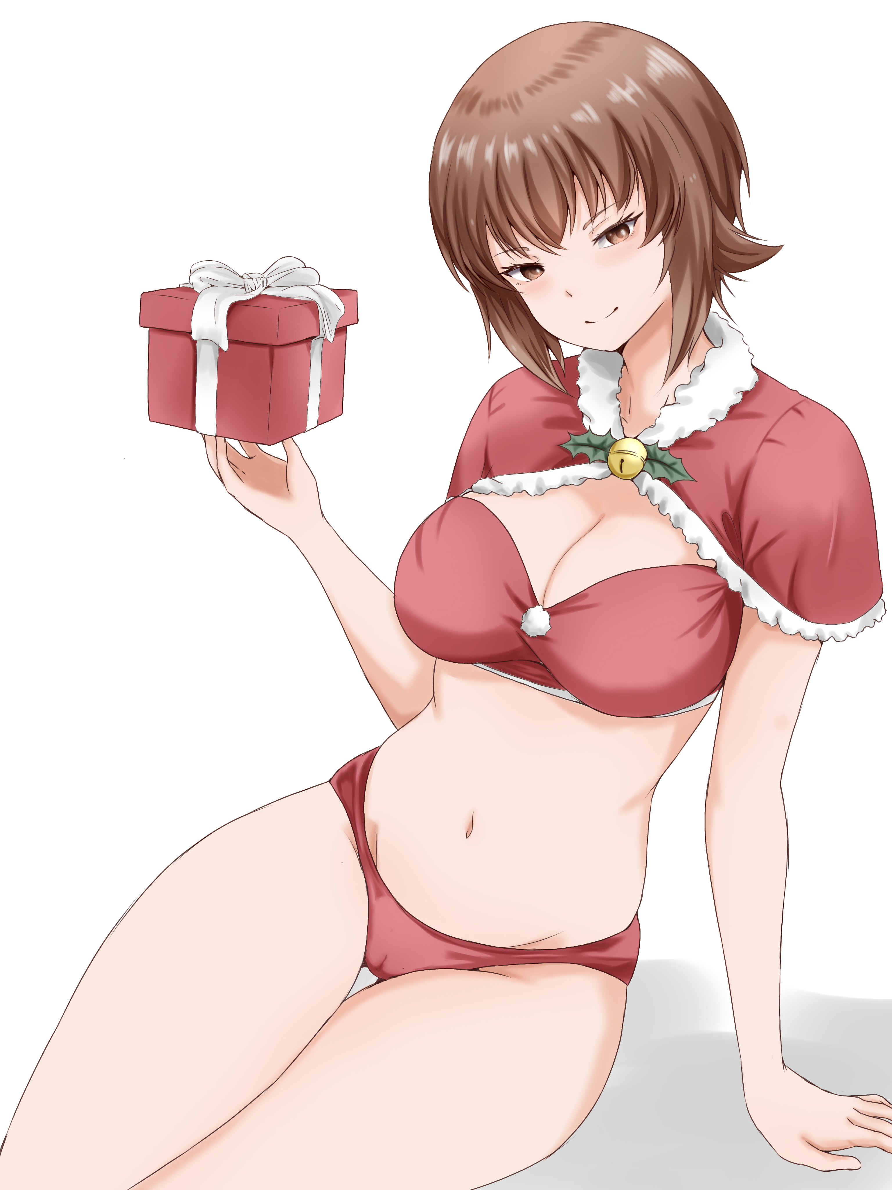 gomi ningen (81848656), nishizumi maho, girls und panzer, absurdres, highres, 1girl, alternate costume, arm support, bikini, blush, box, breasts, brown eyes, brown hair, capelet, cleavage, fur-trimmed capelet, fur trim, gift, gift box, groin, medium breasts, navel, red bikini, red capelet, santa costume, sidelocks, smile, solo, swimsuit, thigh gap, thighs, white background