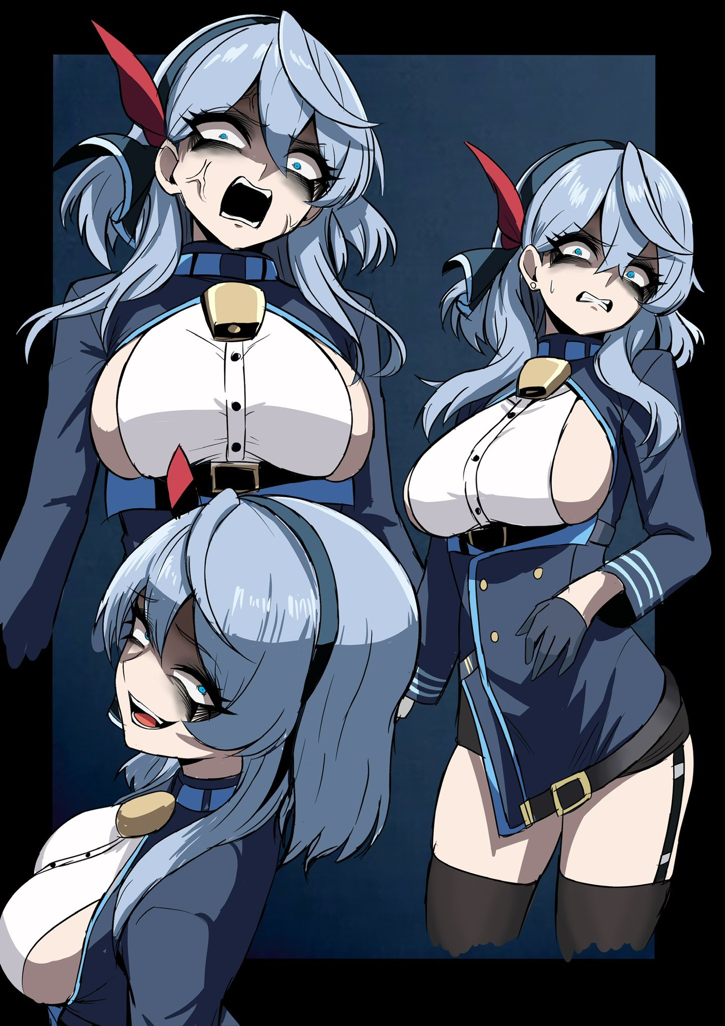 nagai negi, ako (blue archive), blue archive, highres, 1girl, bags under eyes, bell, blue eyes, blue hair, blue halo, blush, breasts, gesugao, gloves, hair between eyes, hairband, halo, large breasts, long hair, looking at viewer, neck bell, sideboob, sideless shirt, solo