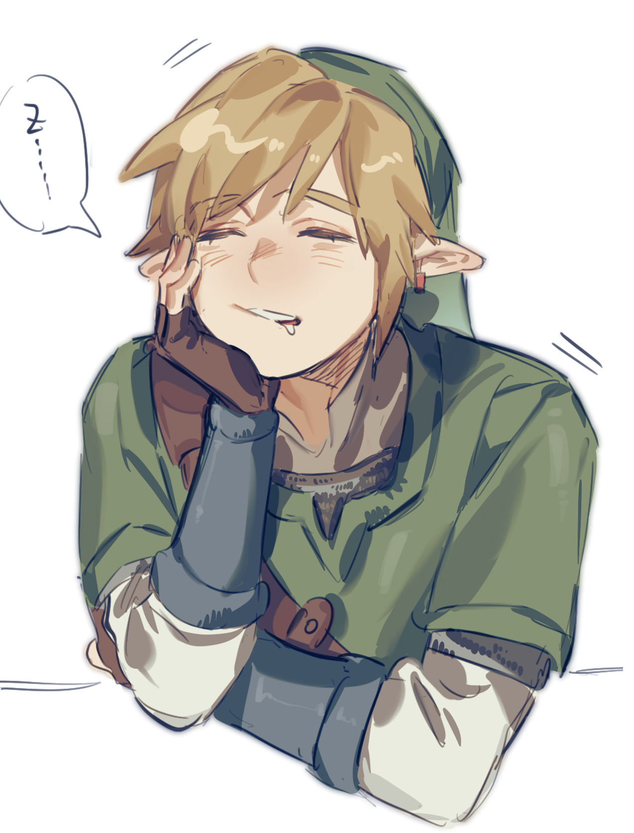 sumooo (ga ilil), link, nintendo, the legend of zelda, the legend of zelda: skyward sword, highres, translation request, 1boy, brown gloves, brown hair, closed eyes, drooling, earrings, fingerless gloves, gloves, green hat, green tunic, hat, jewelry, male focus, mouth drool, pointy ears, short hair, simple background, sleepy, solo, speech bubble, tunic, upper body, white background