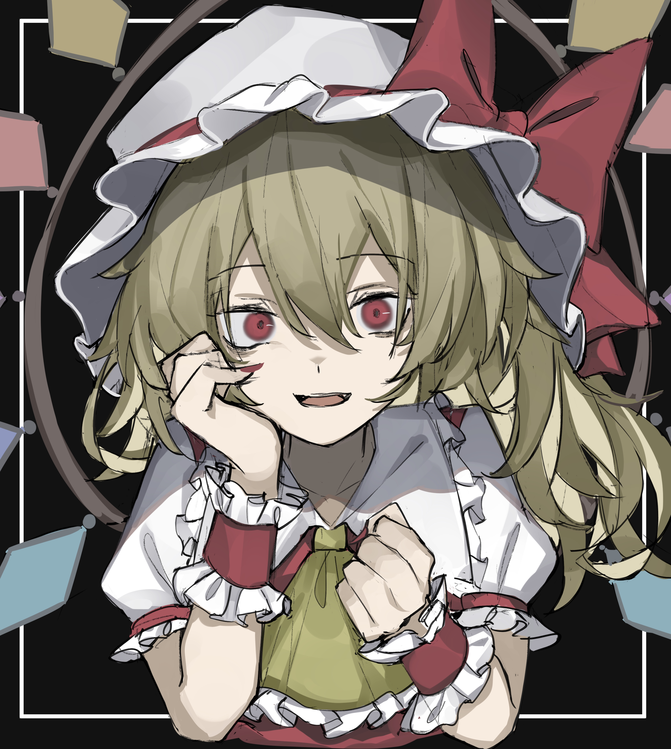 hisha (kan moko), flandre scarlet, touhou, absurdres, commentary request, highres, 1girl, ascot, black background, blonde hair, bow, collarbone, crystal wings, double-parted bangs, fingernails, flandre day, frilled ascot, frilled shirt collar, frilled wrist cuffs, frills, hair between eyes, hand up, hat, hat bow, hat ribbon, long fingernails, long hair, looking at viewer, mob cap, multicolored wings, nail polish, open mouth, puffy short sleeves, puffy sleeves, red bow, red eyes, red nails, red ribbon, red vest, ribbon, shirt, short sleeves, side ponytail, sleeve ribbon, smile, solo, upper body, vest, white hat, white shirt, wings, wrist cuffs, yellow ascot