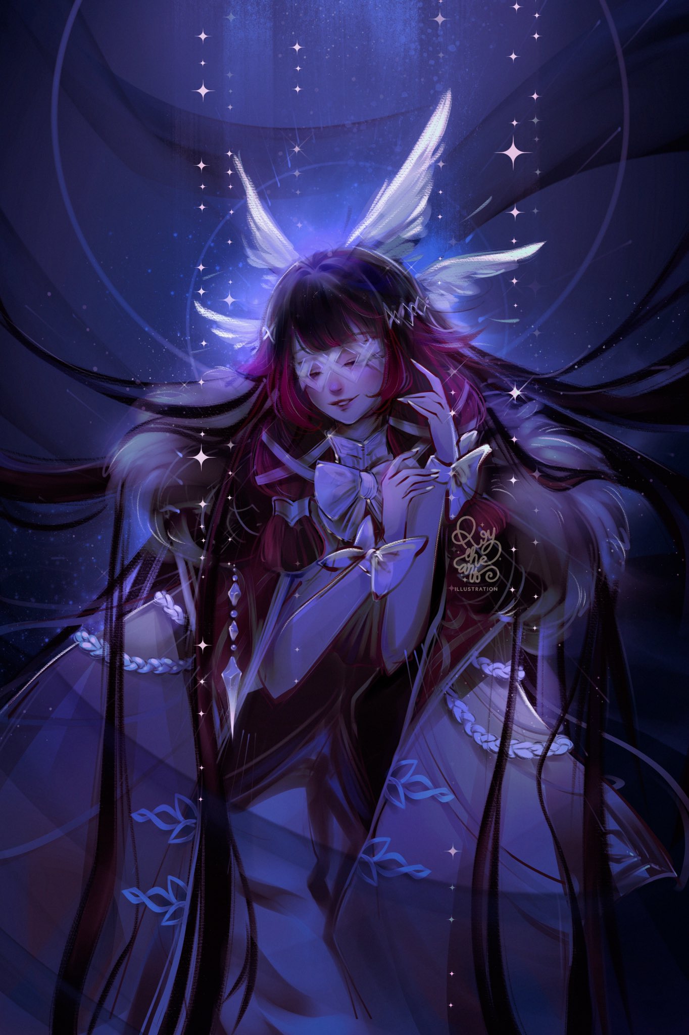 roytheart, columbina (genshin impact), genshin impact, highres, 1girl, bare shoulders, black hair, closed eyes, closed mouth, dress, eye mask, hair ornament, head wings, long hair, mask, multicolored hair, pink hair, purple hair, ribbon, smile, solo, streaked hair, two-tone hair, very long hair, white dress, wings