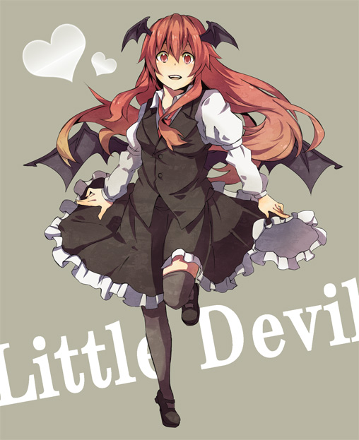 komura, renta (pixiv), koakuma, embodiment of scarlet devil, touhou, bad id, bad pixiv id, 1girl, bat wings, character name, female focus, full body, head wings, heart, long hair, red eyes, red hair, solo, thighhighs, wings