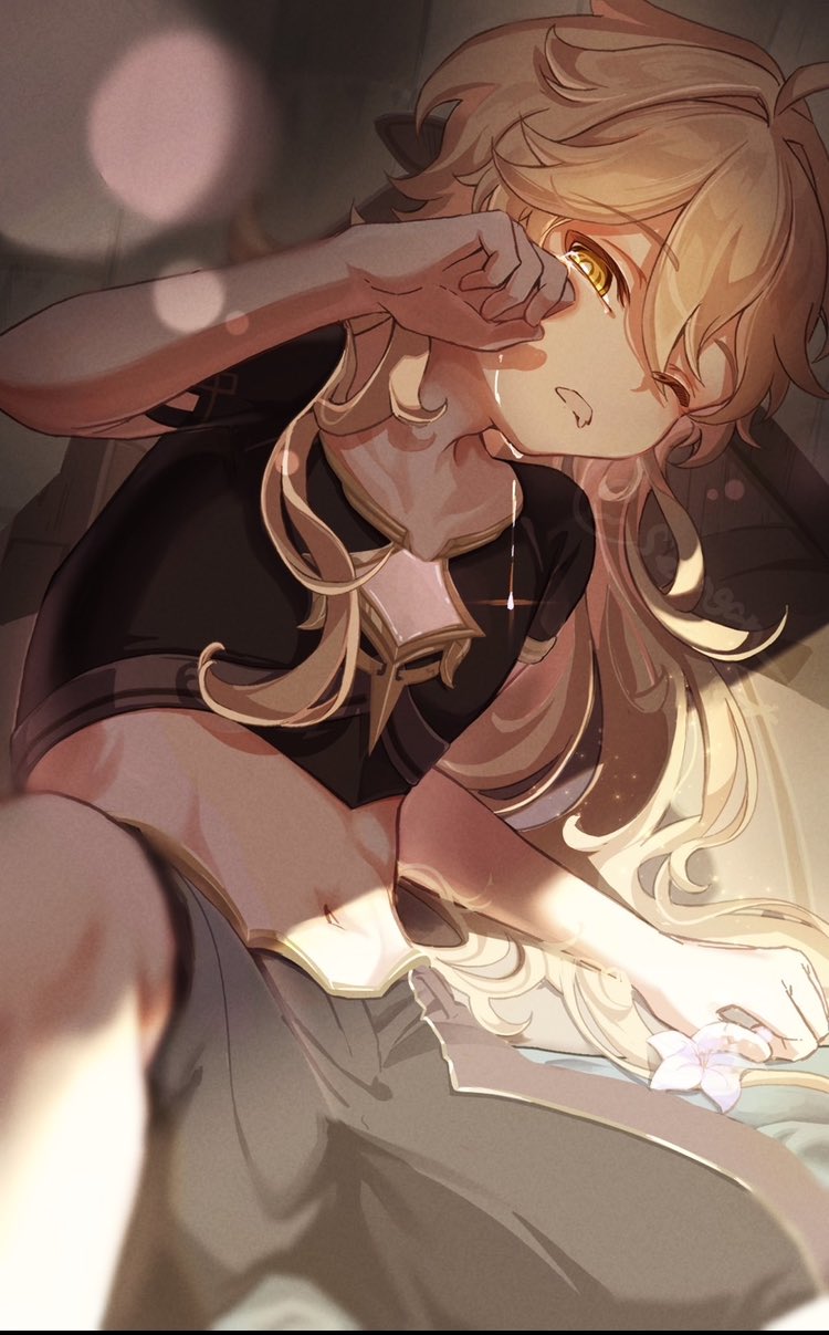 sengan (senngann), aether (genshin impact), genshin impact, commentary request, highres, 1boy, ahoge, arm support, blonde hair, brown shirt, brown shorts, collarbone, crop top, drooling, glint, groin, hair between eyes, hair down, long hair, looking at viewer, male focus, midriff, mouth drool, navel, one eye closed, open mouth, rubbing eyes, shadow, shirt, short sleeves, shorts, sidelocks, sleepy, solo, tears, waking up, watermark, yellow eyes