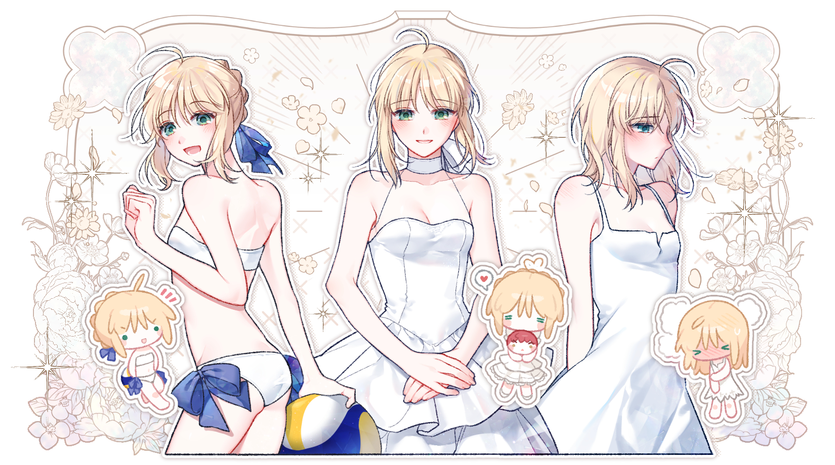 baboteolsegongsa, artoria pendragon (fate), artoria pendragon (swimsuit archer) (fate), artoria pendragon (swimsuit archer) (first ascension) (fate), emiya shirou, saber (fate), fate/grand order, fate/stay night, fate (series), highres, 1girl, ahoge, bikini, blonde hair, blue bow, bow, braid, bun with braided base, chibi, chibi inset, choker, dress, flower, green eyes, hair bow, hair bun, heart, multiple persona, nightgown, notice lines, sidelocks, spoken heart, swimsuit, white background, white bikini, white bow, white choker, white dress, white nightgown