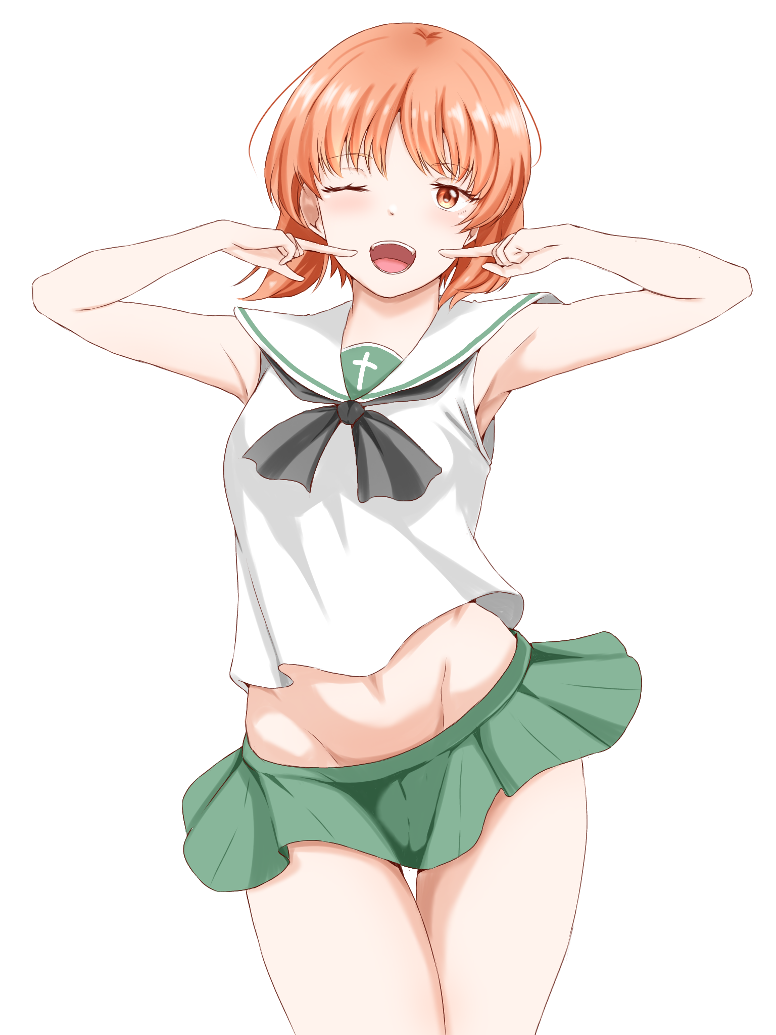 gomi ningen (81848656), nishizumi miho, girls und panzer, commentary, english commentary, highres, 1girl, adapted costume, armpits, black neckerchief, blush, breasts, cowboy shot, green skirt, groin, medium breasts, medium hair, midriff, miniskirt, navel, neckerchief, one eye closed, ooarai school uniform, open mouth, orange hair, pleated skirt, pointing at mouth, school uniform, simple background, skirt, sleeveless, smile, solo, teeth, thigh gap, upper teeth only, white background