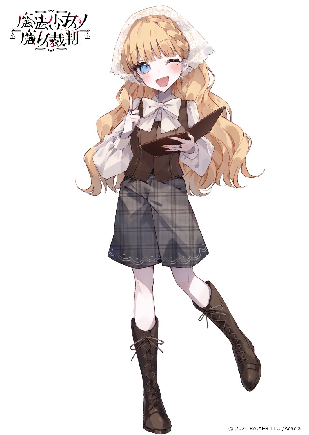 saeki miria, mahou shoujo no majo saiban, commentary request, highres, official art, second-party source, translation request, 1girl, black shorts, blonde hair, blue eyes, boots, bow, bowtie, braid, brown boots, brown vest, collared shirt, copyright logo, copyright name, copyright notice, earrings, hair down, headscarf, holding, holding menu, jewelry, knee boots, logo, long hair, long sleeves, looking at viewer, menu, mole, mole under eye, official alternate costume, official alternate hairstyle, open mouth, shirt, shorts, smile, solo, standing, standing on one leg, sugawara omu, tachi-e, treasure cafe, vest, wavy hair, white background, white bow, white bowtie, white shirt