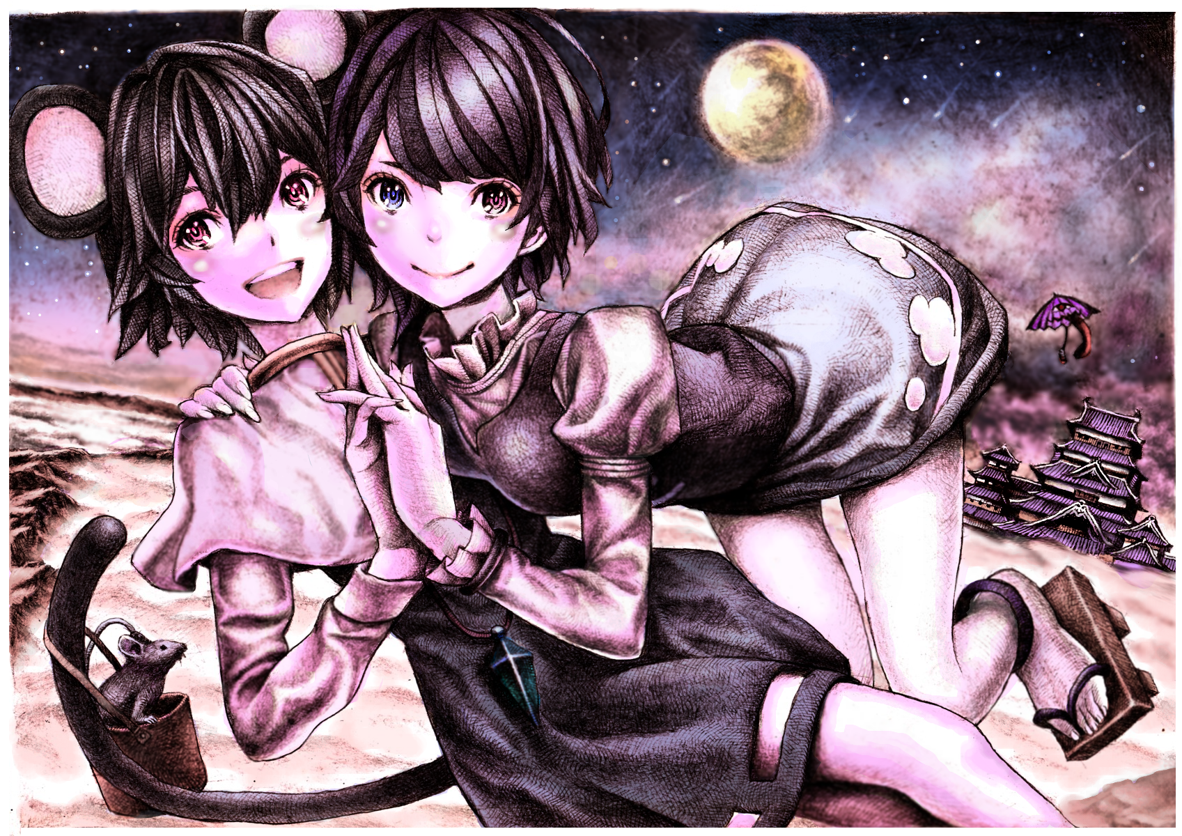 nobita (makoto7060355), nazrin, tatara kogasa, touhou, highres, 2girls, animal ears, anklet, basket, female focus, geta, heterochromia, holding hands, jewelry, karakasa obake, moon, mouse (animal), mouse ears, mouse tail, multiple girls, pendant, red eyes, sandals, short hair, tail, tongue, umbrella