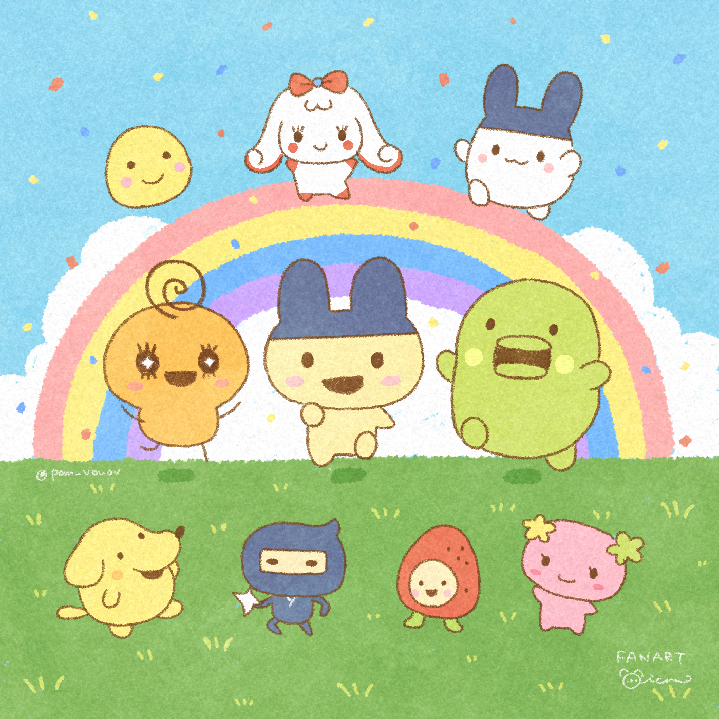 mametchi, mian (user kwcj2833), kuchipatchi, mimitchi, tamagotchi, tamagotchi (classic), character request, commentary, commentary request, english commentary, highres, mixed-language commentary, :3, black eyes, blue sky, bow, cloud, grass, memetchi, no humans, outdoors, rainbow, red bow, shuriken, signature, sky, solid oval eyes, tamagotchi (creature), weapon