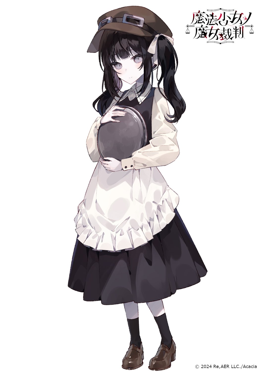 kurobe nanoka, mahou shoujo no majo saiban, commentary request, highres, official art, second-party source, translation request, 1girl, apron, black dress, black hair, black socks, brown hat, brown shoes, closed mouth, collared shirt, copyright logo, dress, frilled apron, frills, grey eyes, hair ribbon, hat, holding, holding tray, logo, long hair, long sleeves, looking at viewer, official alternate costume, ribbon, shirt, shoes, socks, solo, standing, sugawara omu, tray, treasure cafe, twintails, waist apron, waitress, white apron, white background, white ribbon