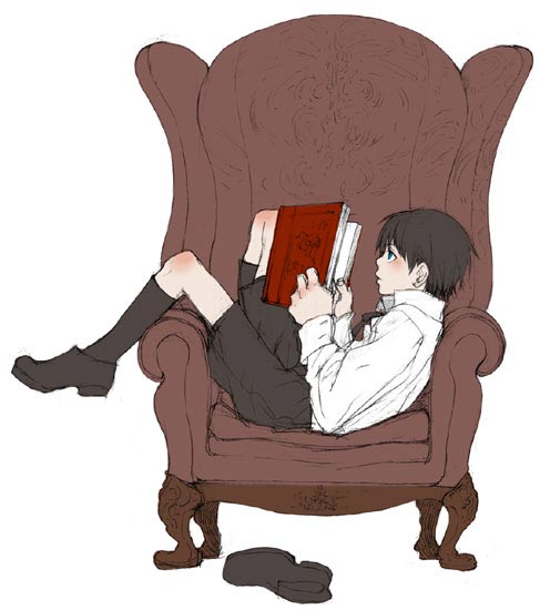 yamamoto yamato, original, commentary, 1boy, armchair, black hair, black ribbon, black shoes, black shorts, black socks, blue eyes, book, chair, flat color, from side, full body, hands up, holding, holding book, kneehighs, knees up, long sleeves, lying, male focus, neck ribbon, on chair, open book, profile, reading, ribbon, shirt, shoes, short hair, shorts, simple background, single shoe, sketch, socks, solo, unworn shoes, white background, white shirt