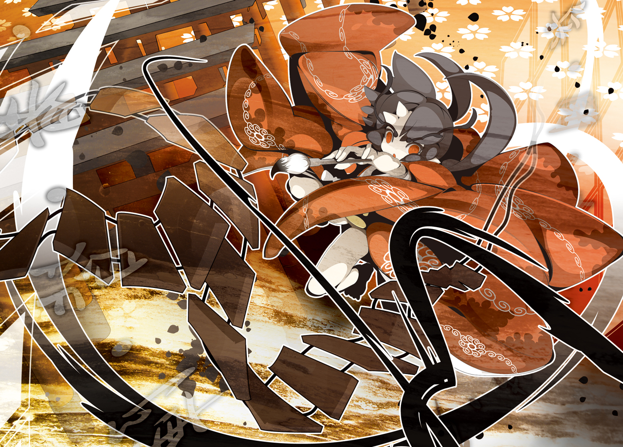 uki (room 405), original, tagme, black hair, calligraphy brush, orange eyes, paintbrush, solo