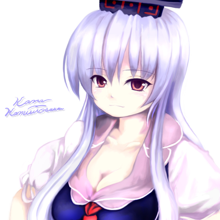 tsubasa (abchipika), kamishirasawa keine, touhou, bad id, bad pixiv id, 1girl, blue hair, breasts, character name, cleavage, female focus, hat, kunreishiki, large breasts, long hair, romaji text, solo, white background