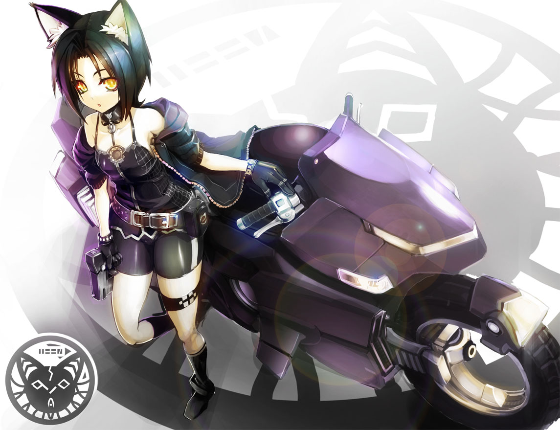 ookuma nekosuke, panda (pixiv), original, vehicle, bad id, bad pixiv id, 1girl, animal ears, bare shoulders, belt, bike shorts, black hair, cat ears, collar, female focus, gun, jacket, motor vehicle, motorcycle, solo, weapon, yellow eyes