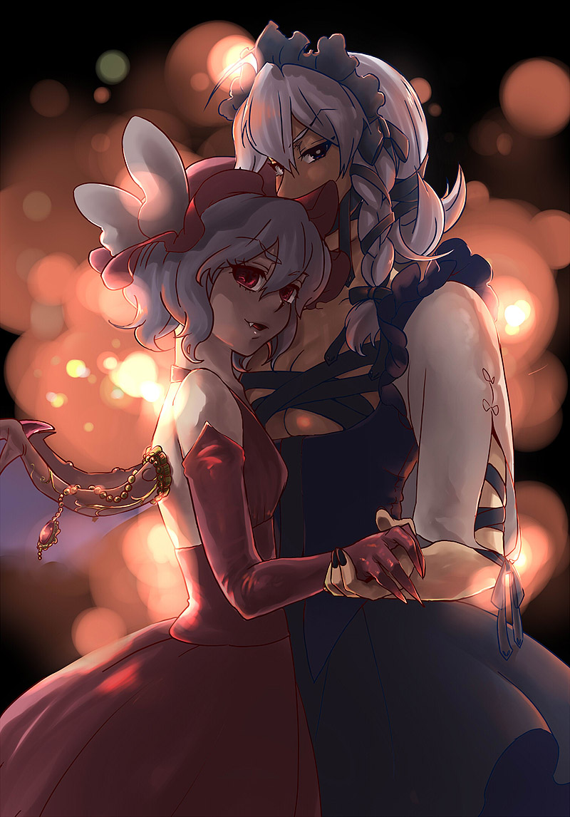 yumiya, izayoi sakuya, remilia scarlet, touhou, silver hair, 2girls, bat wings, blue eyes, blue hair, braid, breasts, cleavage, elbow gloves, fang, female focus, gloves, multiple girls, red eyes, short hair, twin braids, wings