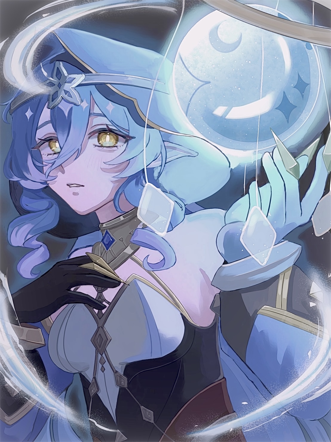 layla (genshin impact), genshin impact, gold collar, highres, 1girl, bags under eyes, bare shoulders, black gloves, blue hair, blue hood, blue sleeves, circlet, claws, crescent, detached sleeves, drill hair, drill sidelocks, gloves, hood, hood up, long hair, looking at viewer, orb, parted lips, pointy ears, sidelocks, solo, talrupaaa, upper body