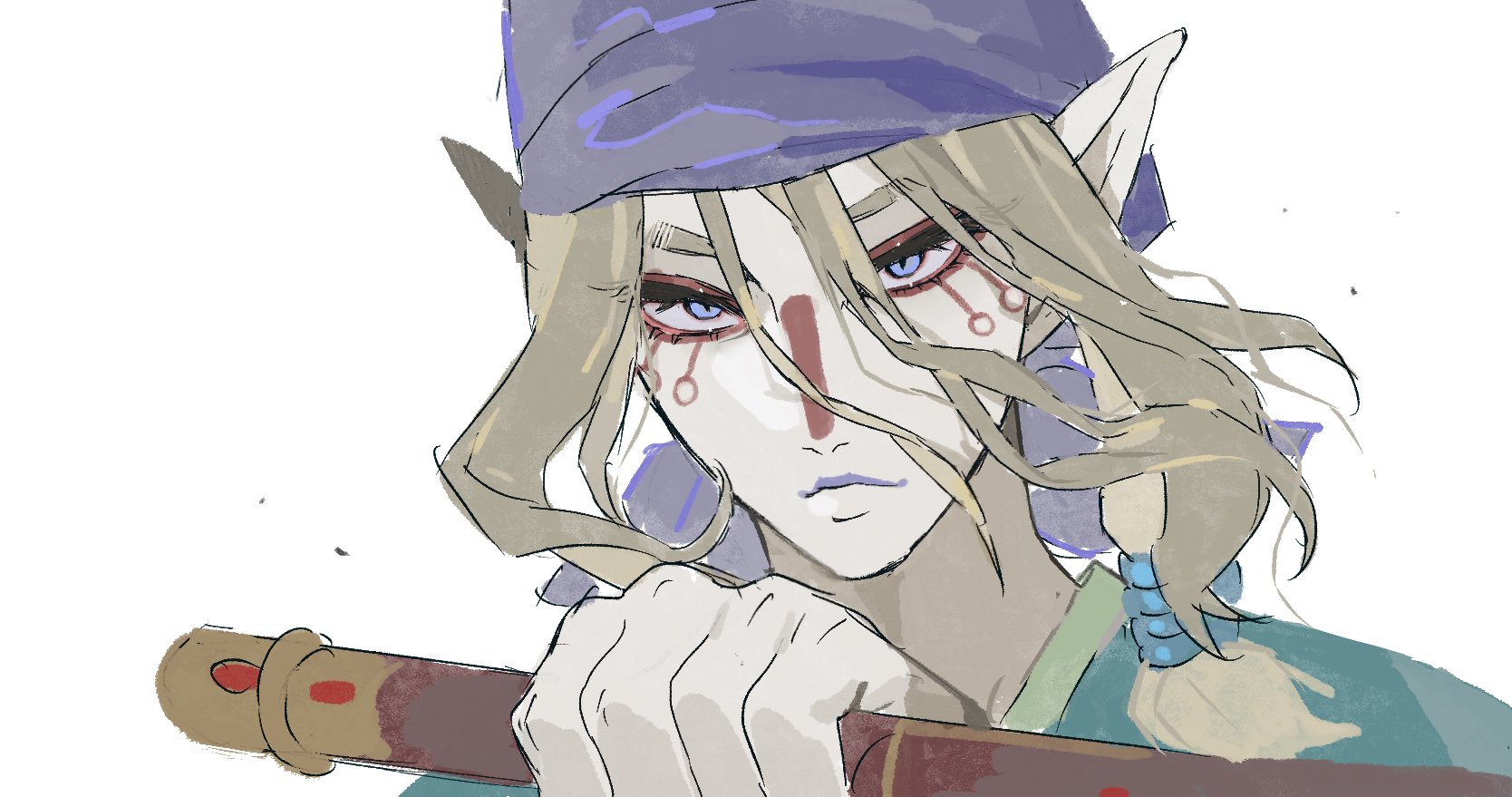 sumooo (ga ilil), kusuriuri (mononoke), mononoke, hashtag-only commentary, highres, 1boy, bandana, blue eyes, blue kimono, brown hair, closed mouth, earrings, expressionless, eyelashes, eyeliner, facepaint, holding, japanese clothes, jewelry, kimono, looking at viewer, makeup, male focus, purple bandana, red eyeliner, simple background, solo, white background