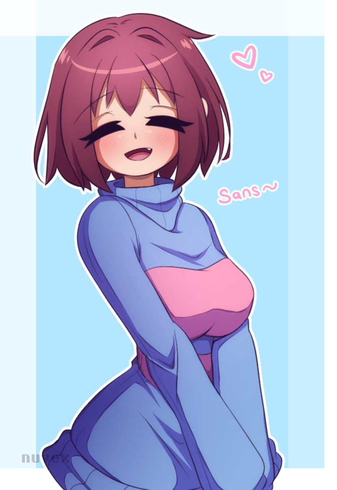 nuvex, frisk (undertale), undertale, utdr (toby fox), 1girl, aged up, blue background, blue sweater, blush, breasts, closed eyes, double-parted bangs, fang, hair intakes, heart, large breasts, multicolored sweater, open mouth, red hair, short hair, signature, striped clothes, sweater, thick eyelashes, tongue, turtleneck, turtleneck sweater